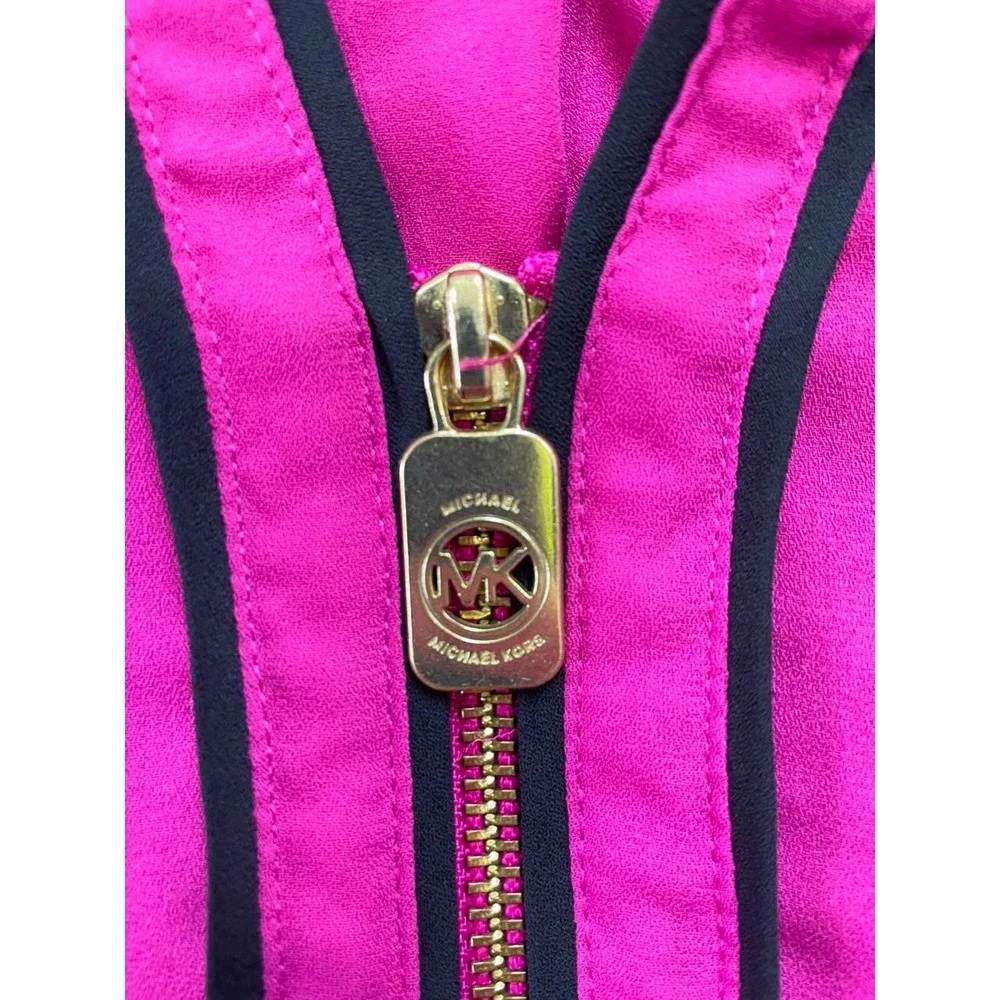 Michael Kors Women Pink Half Zip Roll Tab Sleeve Blouse Top Medium